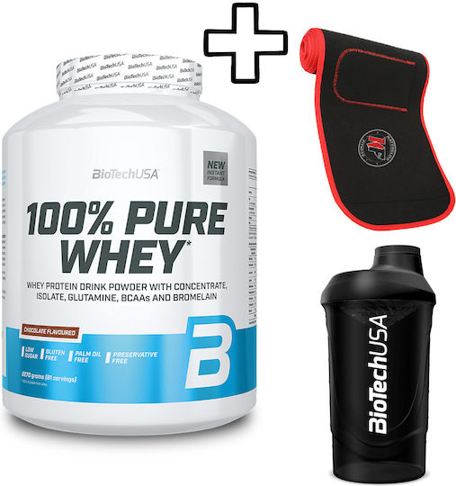 Biotech Usa 100% Pure Whey 2270g Chocolate & Katerelos Fitness Slimming Sweat Belt 130cm X 26.50cm X 5mm One Size & Biotech Usa Wave Shaker 600ml Black-Smoked Custom Bundle