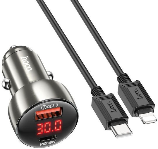 Hoco Зарядно за кола 48W 3Спецификация Бързо Зареждане с Портове: 1xUSB 1xType-C заедно с Кабел Lightning Сив Цвят