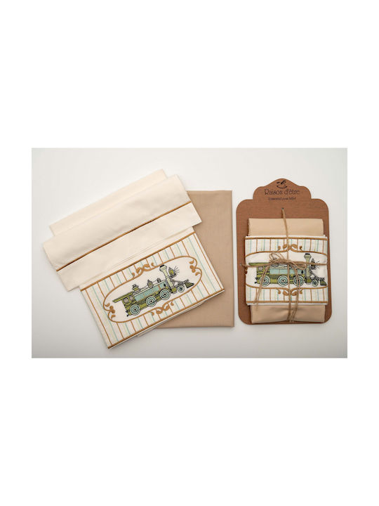 Raison D' Etre Choo Choo Train Baby Sheets Set Cradle Cotton Brown 70x110cm 3pcs