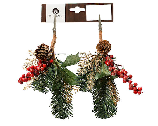 Katoikonhome Pick Glitter Red Berry Pinecone Set 2 Pieces Christmas Pine Branch Red Berries Pinecones 15 Cm
