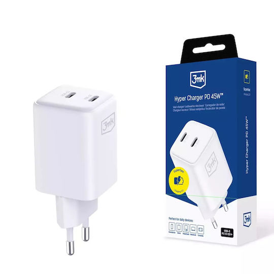 3MK Charger Without Cable with 2 USB-C Ports 45W Power Delivery Whites (Hyper Charger)