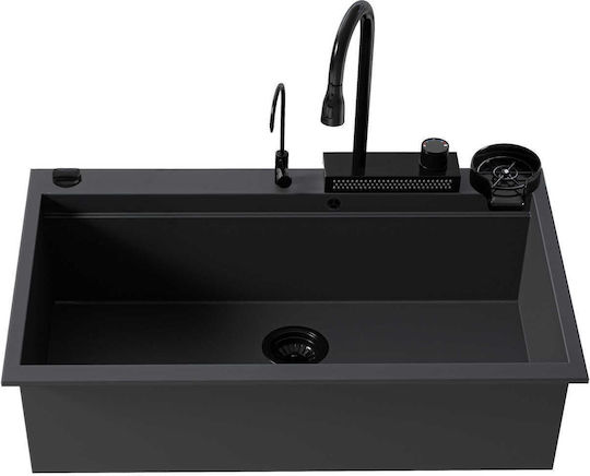 Sanitec Ultra Granite Drop-In Küchenspüle aus Flüssigem Granit mit Wasserhahn M79xP50cm Schwarz Matt