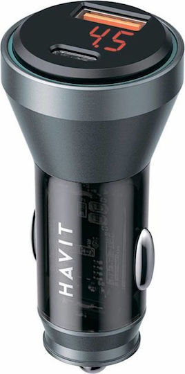Havit Havit Auto Ladegerät 45W 3A Schnellladen mit Anschlüssen: 1xUSB-A 1xType-C zusammen mit Kabeltyp Type-C Schwarz Farbe
