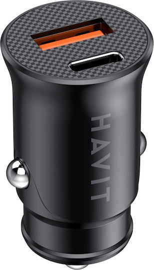 Havit Havit Auto Ladegerät 20W 3A mit Anschlüssen: 1xUSB-A 1xTyp-C zusammen mit Kabeltyp Typ-C Schwarz Farbe