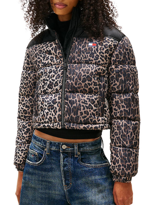 Women's Crop Puffer Jacket for Winter Brown