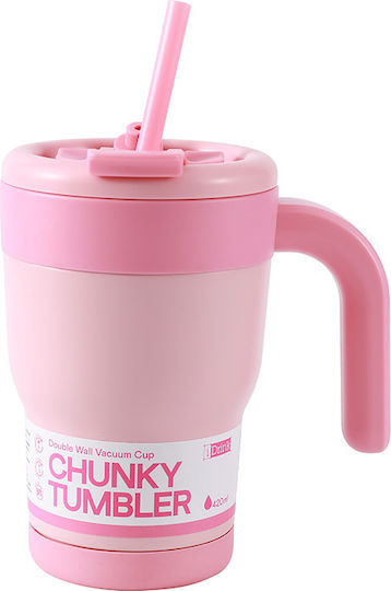 iDrink Handled Tumbler Θερμός Πλαστικό 420ml i Drink Pink με Καλαμάκι και Λαβή