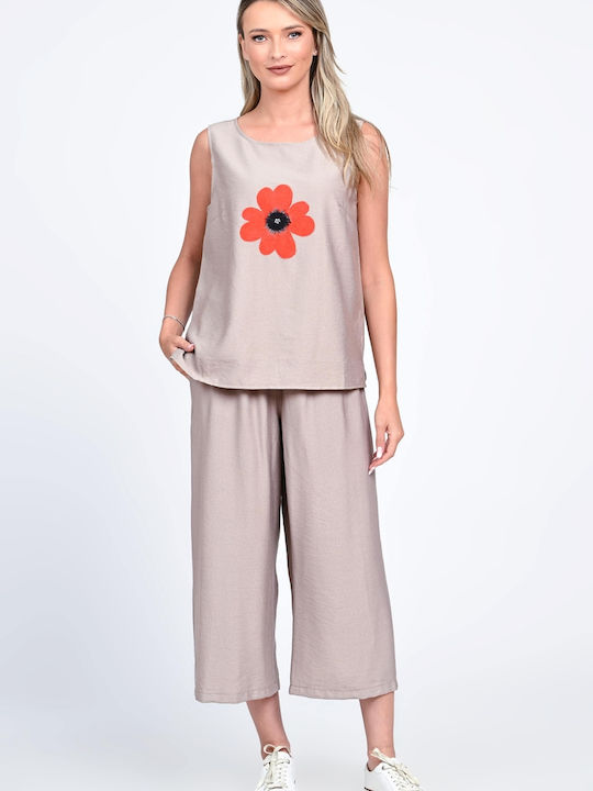 Damen Beige Set mit Hose mit Gummizug in Lockerer Passform Blumen