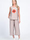 Damen Beige Set mit Hose mit Gummizug in Lockerer Passform Blumen
