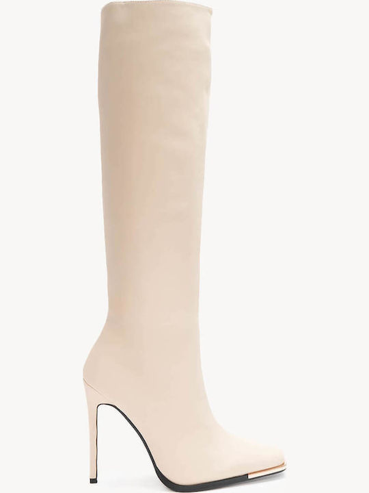 Beige Boots High Heel Square Toe
