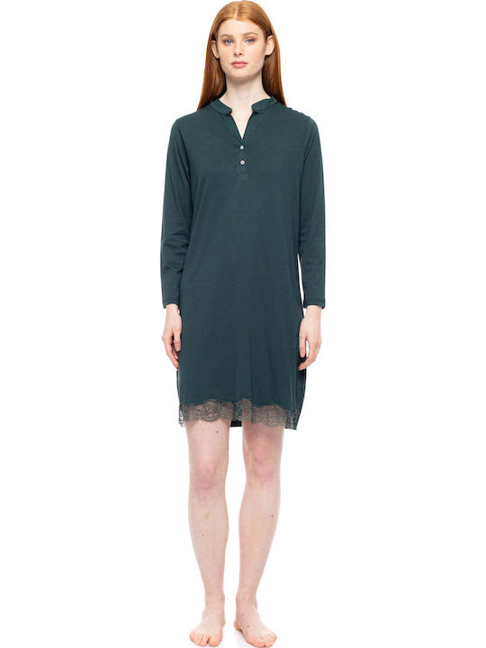 Pink Label Winter Cotton Women's Nightgown Dark Green