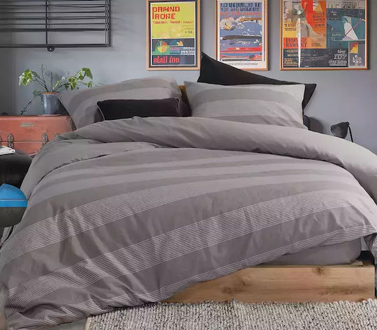 Nef-Nef Homeware Σετ Παπλωματοθήκη Βαμβακερή Υπέρδιπλη με 2 Μαξιλαροθήκες 240x230cm Casual Stripe D.grey