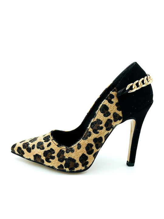 Suede Stiletto Black High Heels Animal Print
