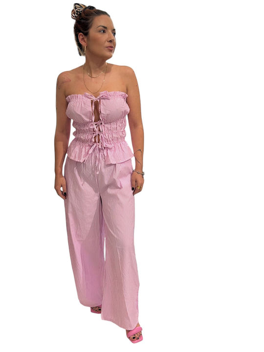 Women's Pink Set with Pants with Elastic Striped