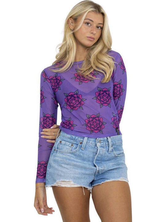 Women's Crop Top with Sheerness Floral Blue
