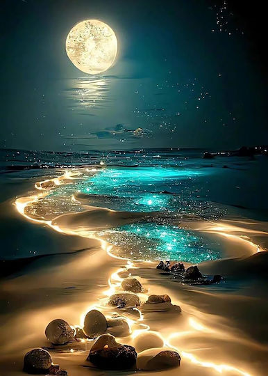 Olympus Diamond Painting "Night Landscape Beach Night A Big Moon Illuminated Coast" Mosaic "Night Landscape Night on the Beach A Big Moon Illuminated Coast" 50x70