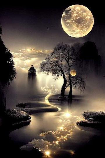 Olympus Diamond Painting "Full Moon in a Foggy Landscape a River" Mosaic "Full Moon Foggy Landscape River" 40x30