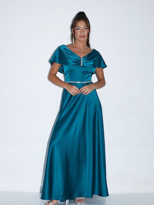 Maxi Evening Dress Satin Open Back Petrol Blue