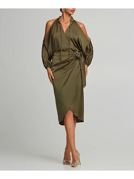 Satin Midi Skirt Envelope Khaki