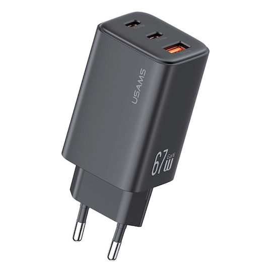 Usams Charger Without Cable GaN with USB-A Port and 2 USB-C Ports 67W Power Delivery Blacks (CC265)