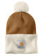 Pom Pom Beanie Beanie with Rib Knit in Brown color