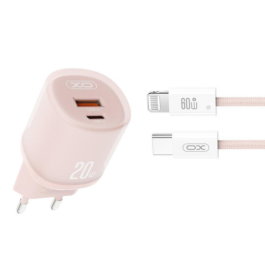 XO с USB-A порт и USB-C порт и кабел USB-C - Lightning 20W Power Delivery / Quick Charge 3.0 Розов (L144)