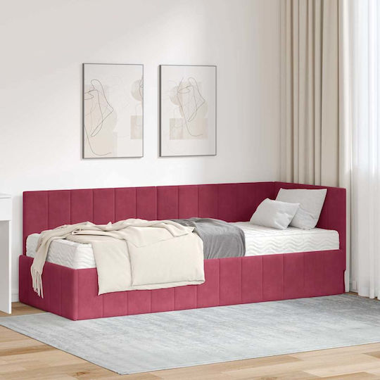 Pat Single Tapitat Cu Catifea Roșie Cu Plăci Și Saltea 80x200cm