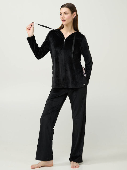 Vamp Vamp Damen Schlafanzug & Pyjamas Winter Samt Schwarz