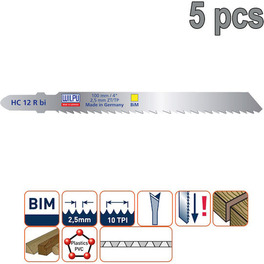 Wilpu Hc12rbi Jig Saw Blades Suitable for Wood Plastic Reverse Teeth 75mm 5 Pieces