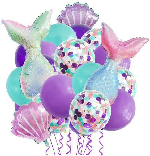 Set Mix Baloane Decorative Aqua Sirenă Flippy 22 Baloane Folie de Aluminiu 2 Sirene 2 Scoici 18 Baloane Latex 50 X 85 Cm Pai Adeziv Inclus Violet Multicolor