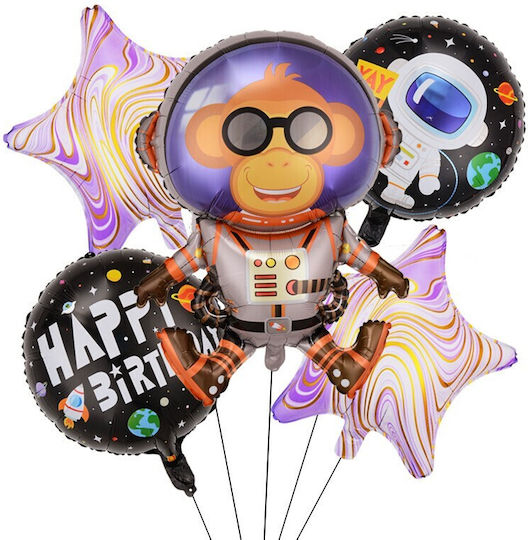 Set Baloane Flippy Formă Maimuță Spațială 5 Baloane 1 Astronaut Maimuță 2 Stele 2 Rotund Folie Aluminiu Cu Adeziv Pai Inclus 78x45cm Multicolor