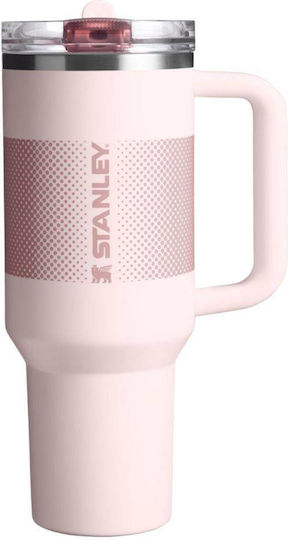 Stanley Flip Becher mit Griff Thermosflasche Rostfreier Stahl 1.18lt Rose Quartz Fade mit Stroh und Handgriff