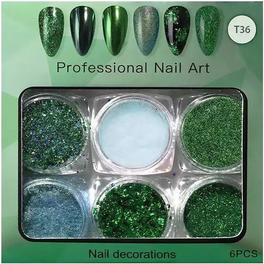 Vicky Nail Dekopulver Glitter Nageldesign Grüne 6 Stück x 0,8 g & 6 doppelte Pinsel Anwendung