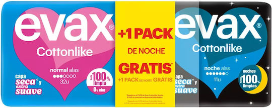 Evax Evax Baumwollartige Hygienepads Pack Normal mit Flügeln Tag 32 Stück + Nacht Flügel 11 Stück