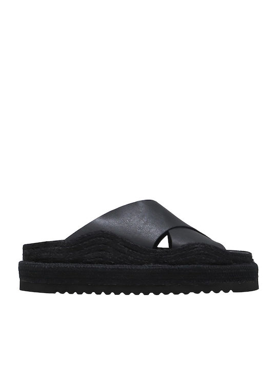 Leather Women's Flat Sandals Flatforms in Black Color