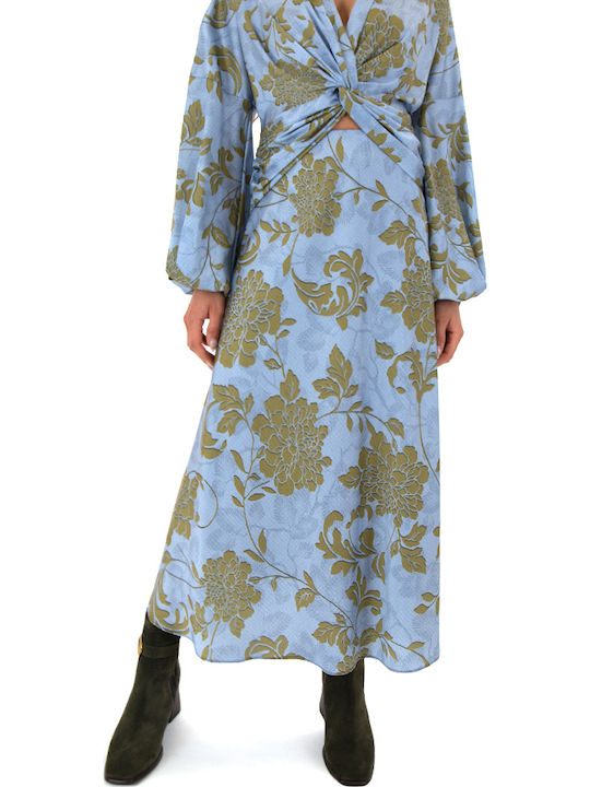 Moutaki Сатен С висока талия Midi Пола Флорален Green-Light blue, Light-blue