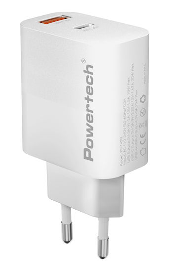 Powertech Charger Without Cable with USB-A Port and USB-C Port 20W Quick Charge 3.0 Whites (PT-1493)