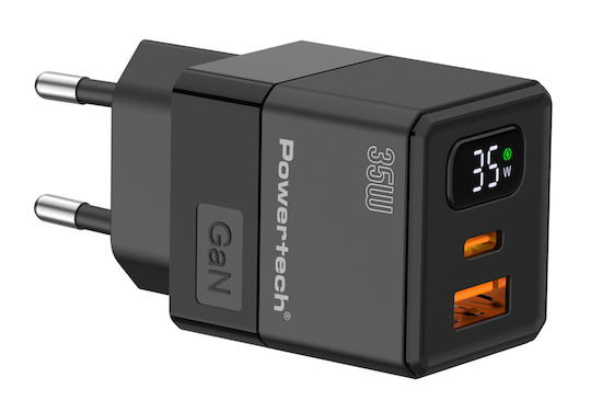 Powertech Φορτιστής Χωρίς Καλώδιο GaN με Θύρα USB-A και Θύρα USB-C 35W Power Delivery Μαύρος (PT-1499)