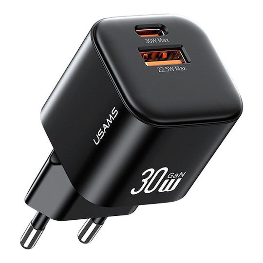 Usams Ladegerät ohne Kabel GaN mit USB-A Anschluss und USB-C Anschluss 30W Schwarzs (CC263)