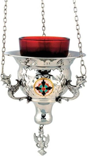Church Vigil Oil Lamp Hanging Carved Nickel Plated Brass Enamel Size 12 cm