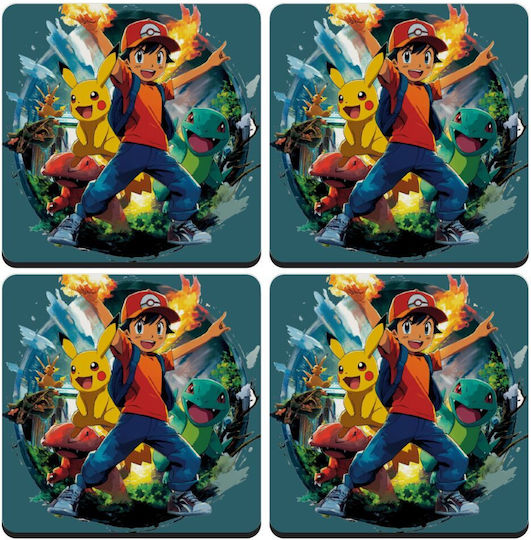 Koupakoupa Ash Ketchum & Pikachu Σουβέρ Ξύλινο Γκρι 4τμχ