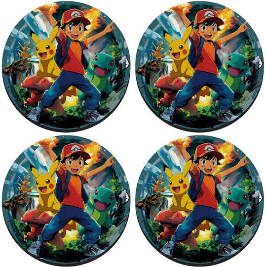 Koupakoupa Ash Ketchum & Pikachu Στρογγυλό Σουβέρ Ξύλινο Γκρι 4τμχ