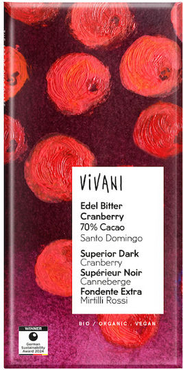 Vivani Βιολογικό Προϊόν Σοκολάτα Υγείας Cranberry Vegan με 70% Κακάο 80gr