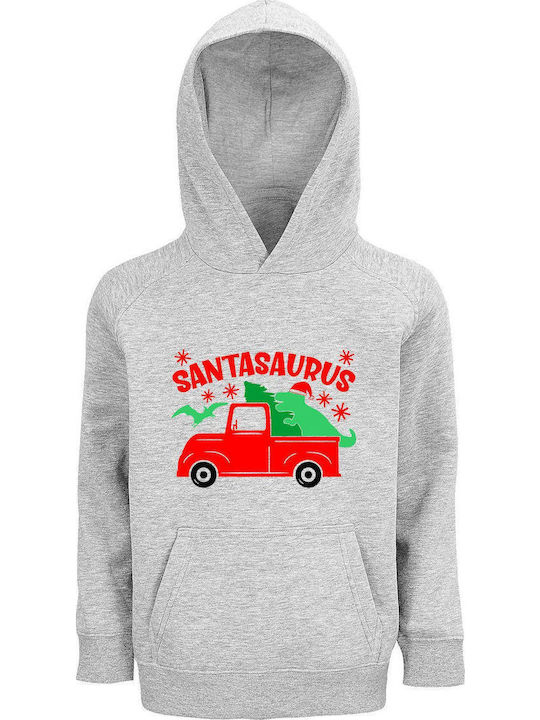 Kids Sweatshirt with Hood and Pockets Grey Melange SantaSaurus Truck Christmas