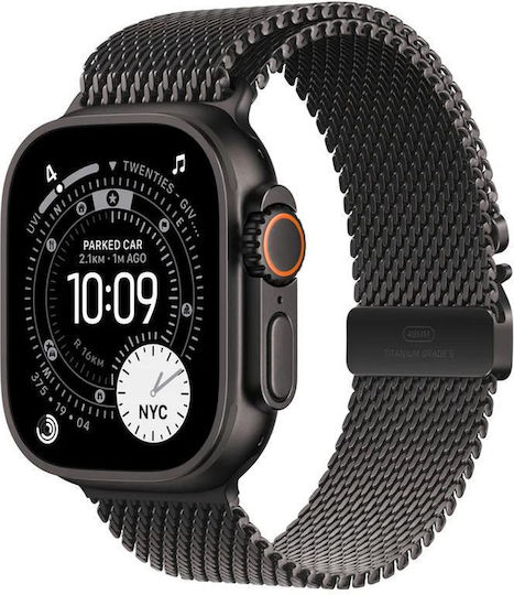 Apple Watch Ultra 3 Titanium 49mm Waterproof with eSIM and Heart Rate Monitor (Black Titanium Case with Black Titanium Milanese Loop - Large)