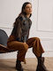 Women's Fabric Capri Trousers with Elastic Relaxed Fit Caramel