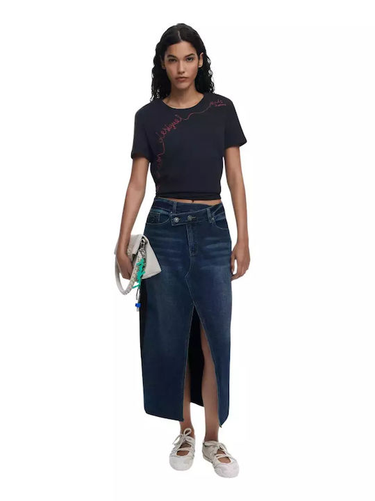 Twisted Denim Midi Skirt Dark Blue