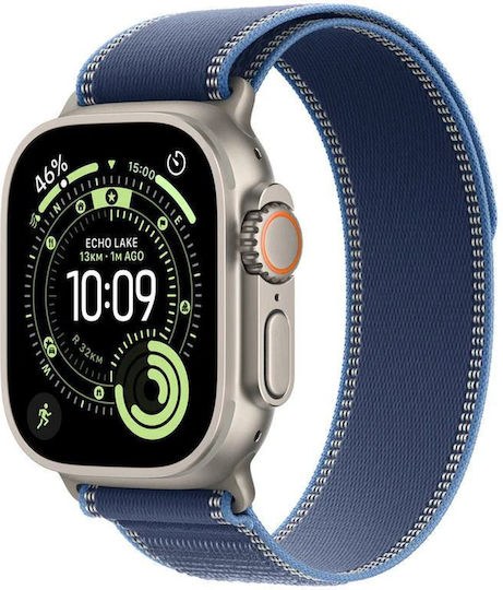 Apple Watch Ultra 3 Titanium 49mm Waterproof with eSIM and Heart Rate Monitor (Natural Titanium Case with Blue/Bright Blue Trail Loop - S/M)