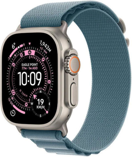 Apple Watch Ultra 3 Titan 49mm Rezistent la apă cu eSIM (Natural Titanium Case with Light Blue Alpine Loop - Large)