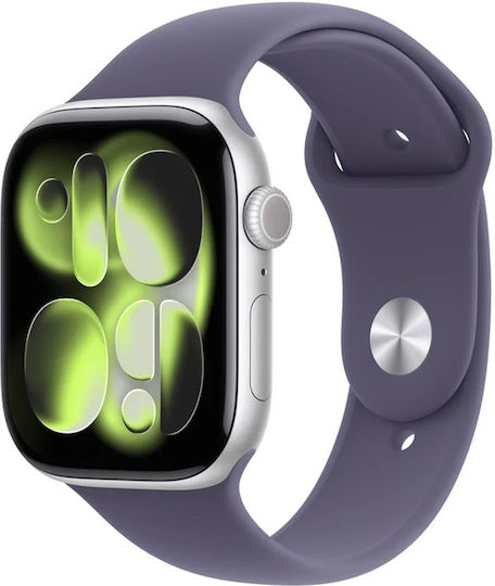 Apple Watch Series 11 Aluminium 46mm Waterproof with Heart Rate Monitor (Silver Aluminium Case with Purple Fog Sport Band - M/L)