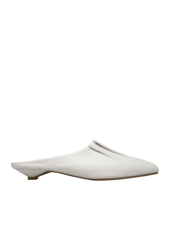 Leather Mules with Low Heel in Beige Color